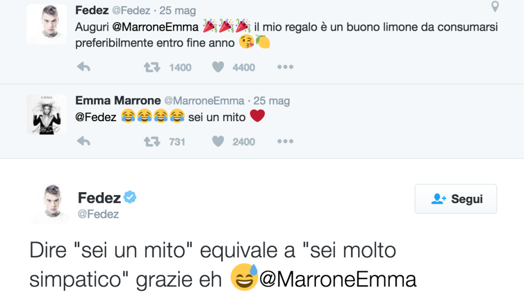 Fedez flirta con Emma Marrone su twitter, ma lei cala il 2 di picche