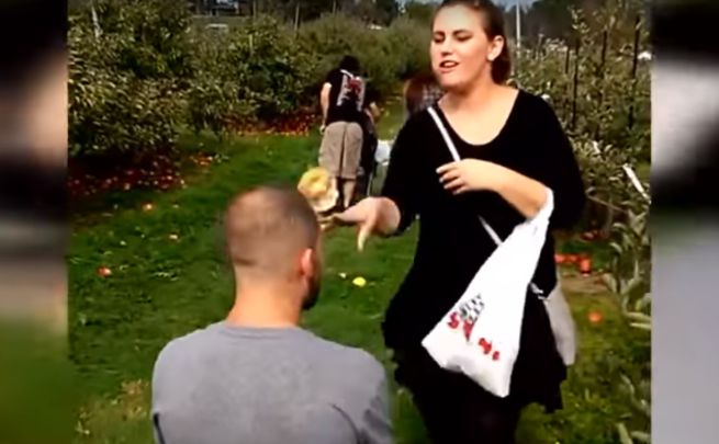 “Vuoi sposarmi?”, ma lei gli lancia una mela in testa